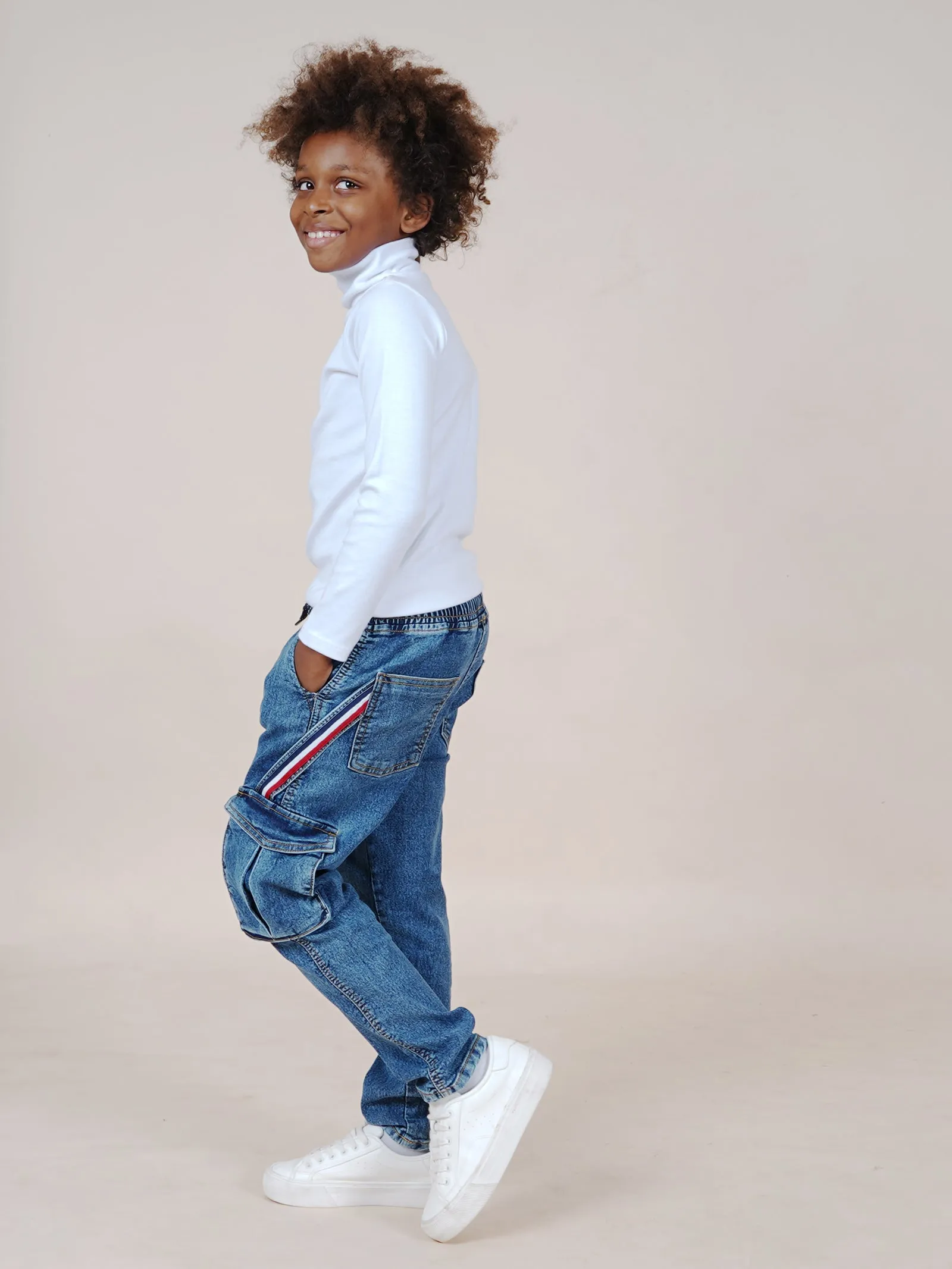 Boys Cotton Solid Full Sleeves Turtle Neck Tee & Cargo Pocket Denim Jeans With Side Strap