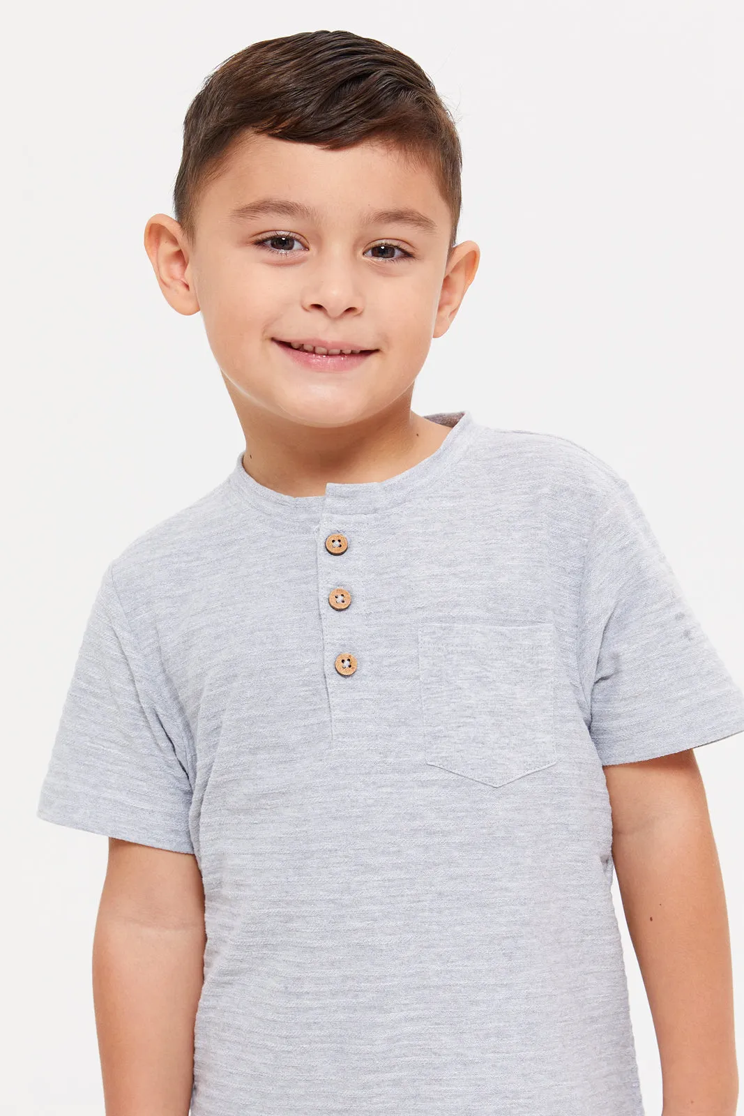 Boys Grey Henley Jacquard T-Shirt