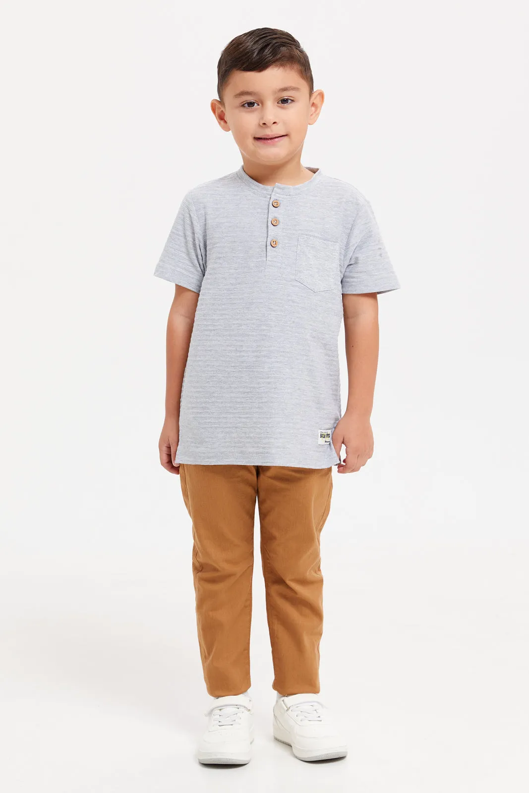 Boys Grey Henley Jacquard T-Shirt