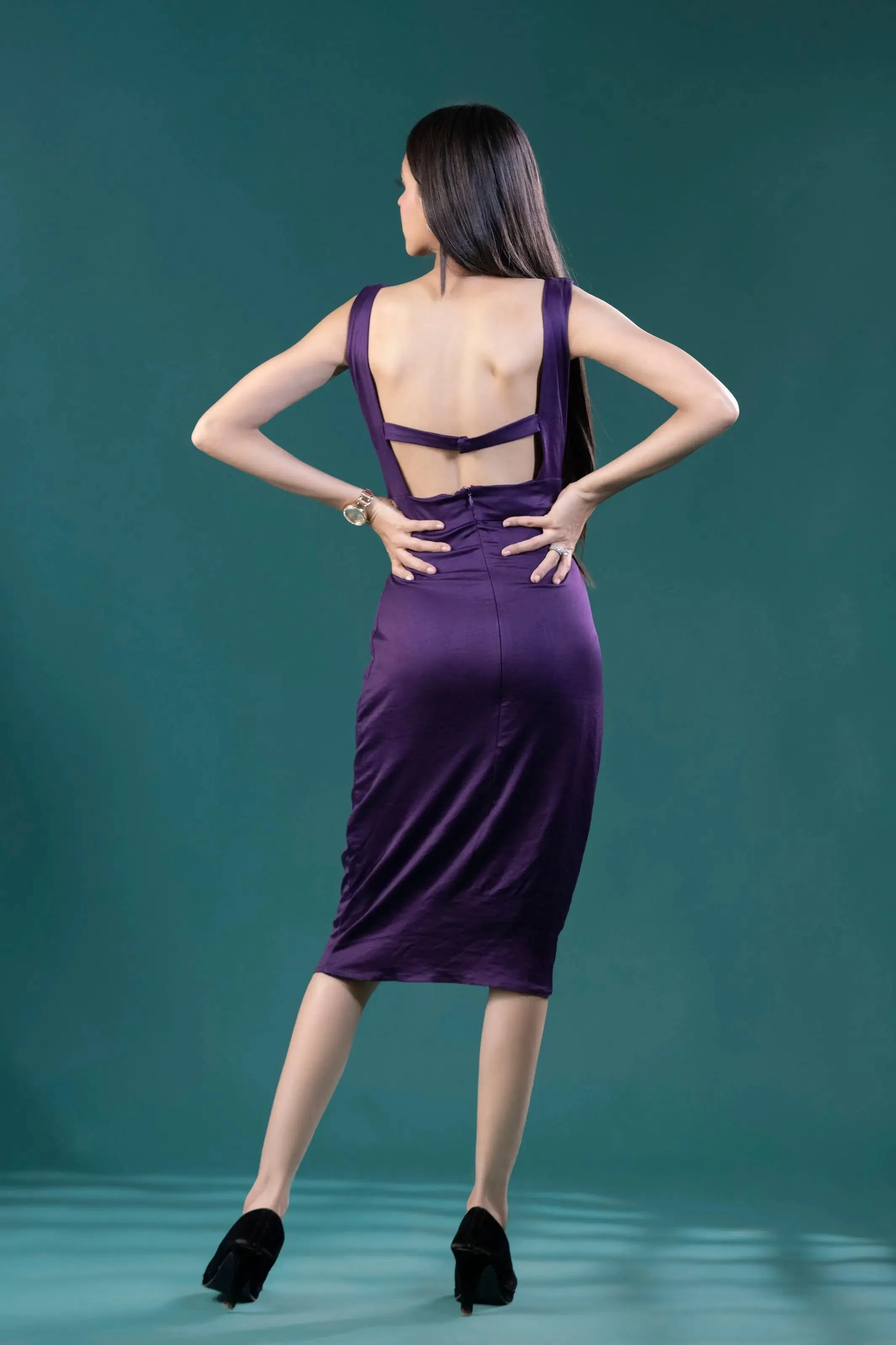 Captivating Lycra Dark Purple Bodycon Dress, Sleek & Stylish Straight Fit