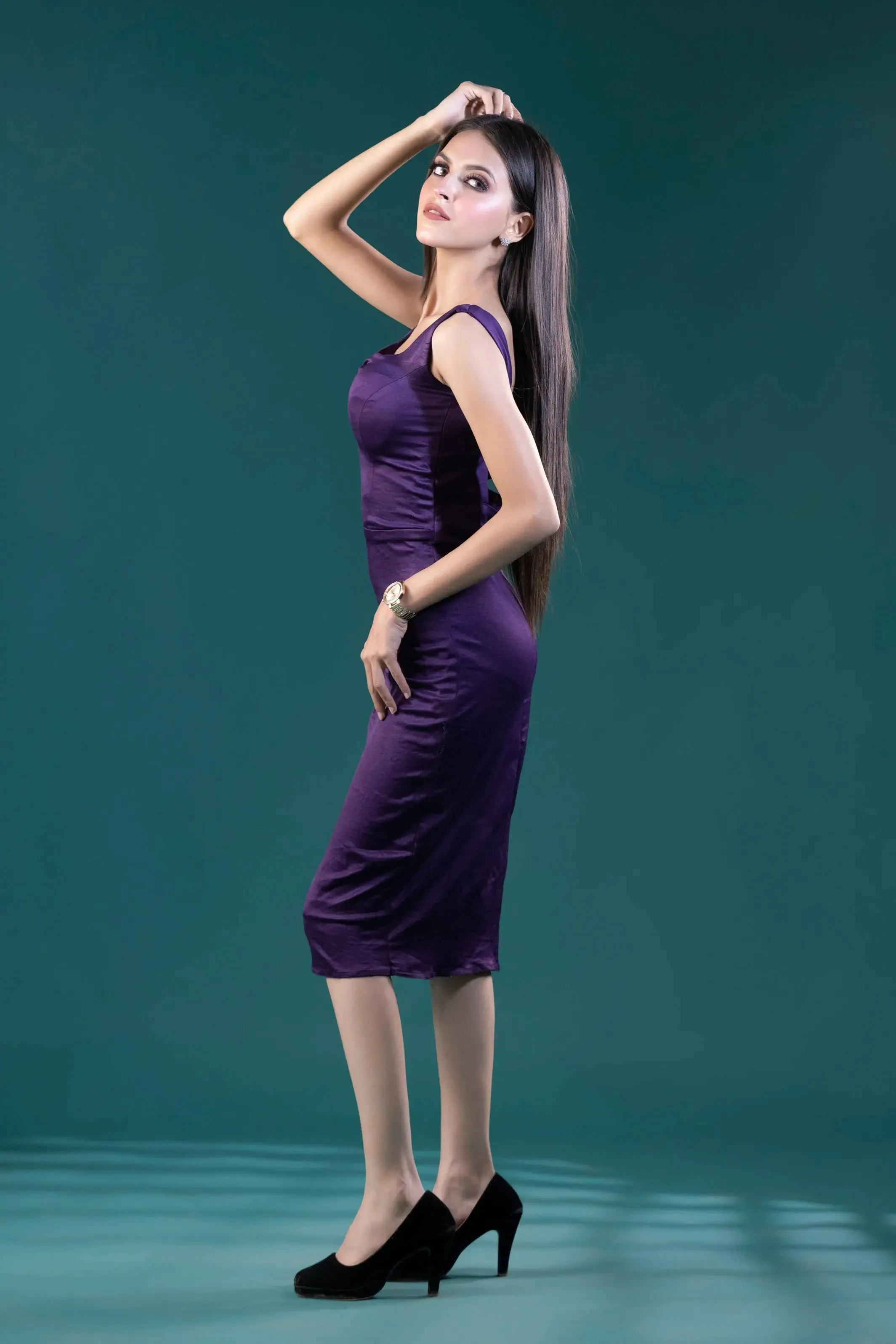 Captivating Lycra Dark Purple Bodycon Dress, Sleek & Stylish Straight Fit