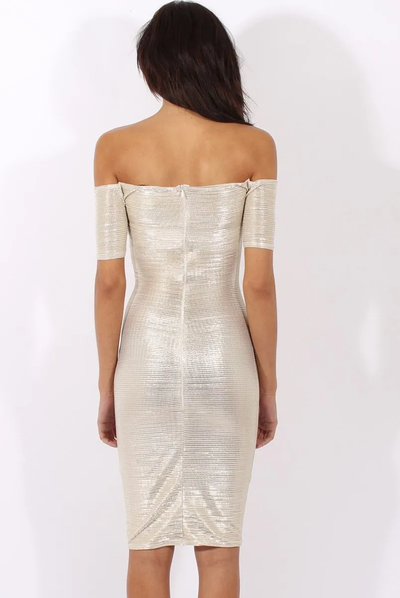 Champagne Metallic Pleated Bardot V Front Midi Dress - Lucia