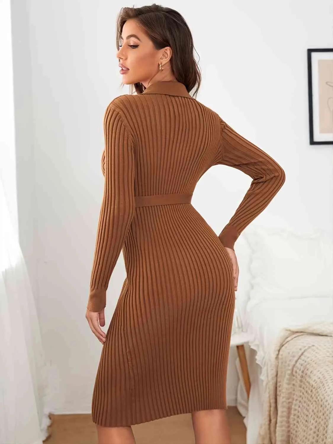 Chestnut Hue Ribbed Sweater Dress