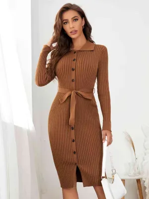 Chestnut Hue Ribbed Sweater Dress