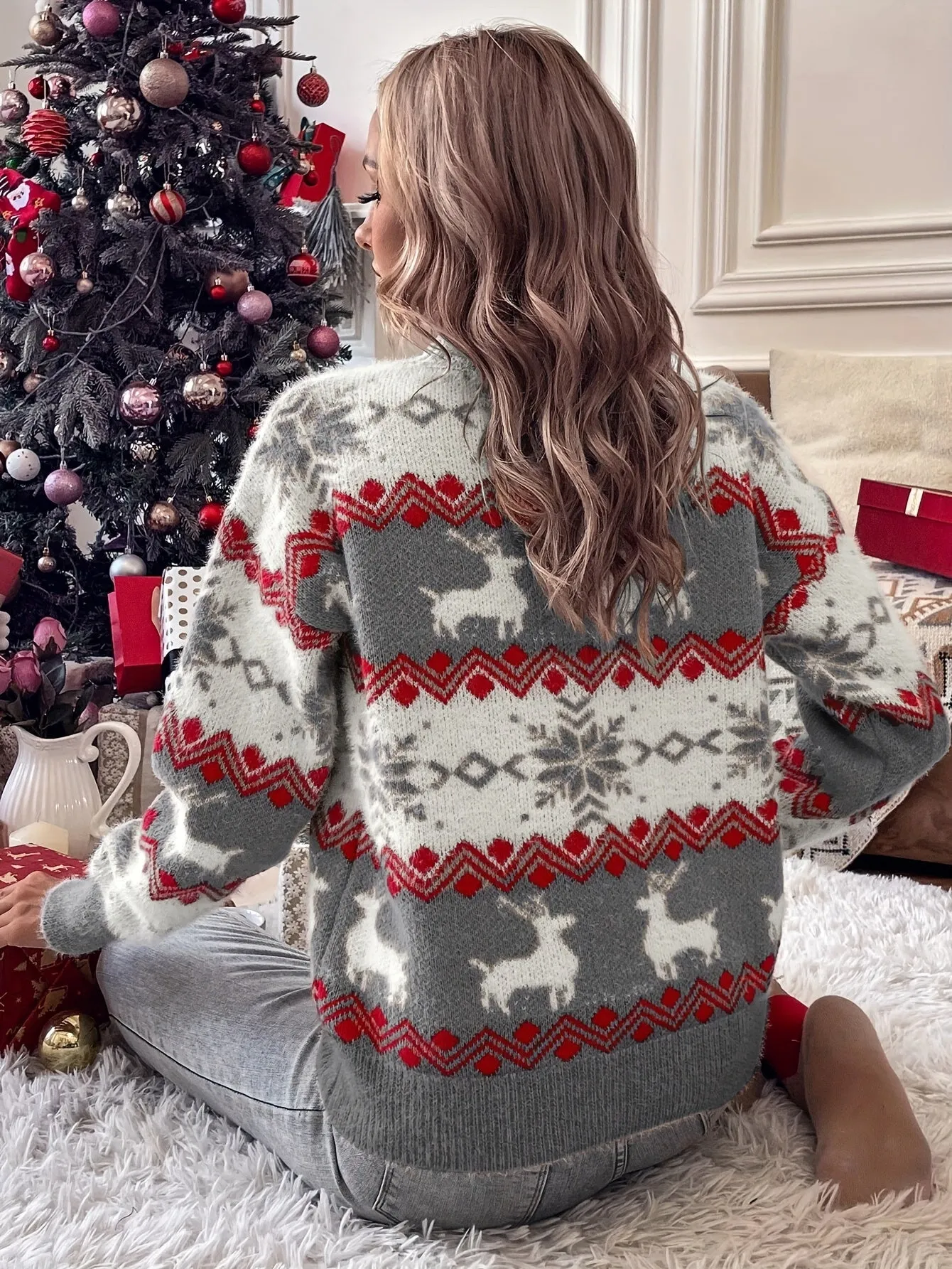 Christmas Pattern Crew Neck Sweater, Elegant Long Sleeve Sweater For Fall & Winter, Women's Clothing