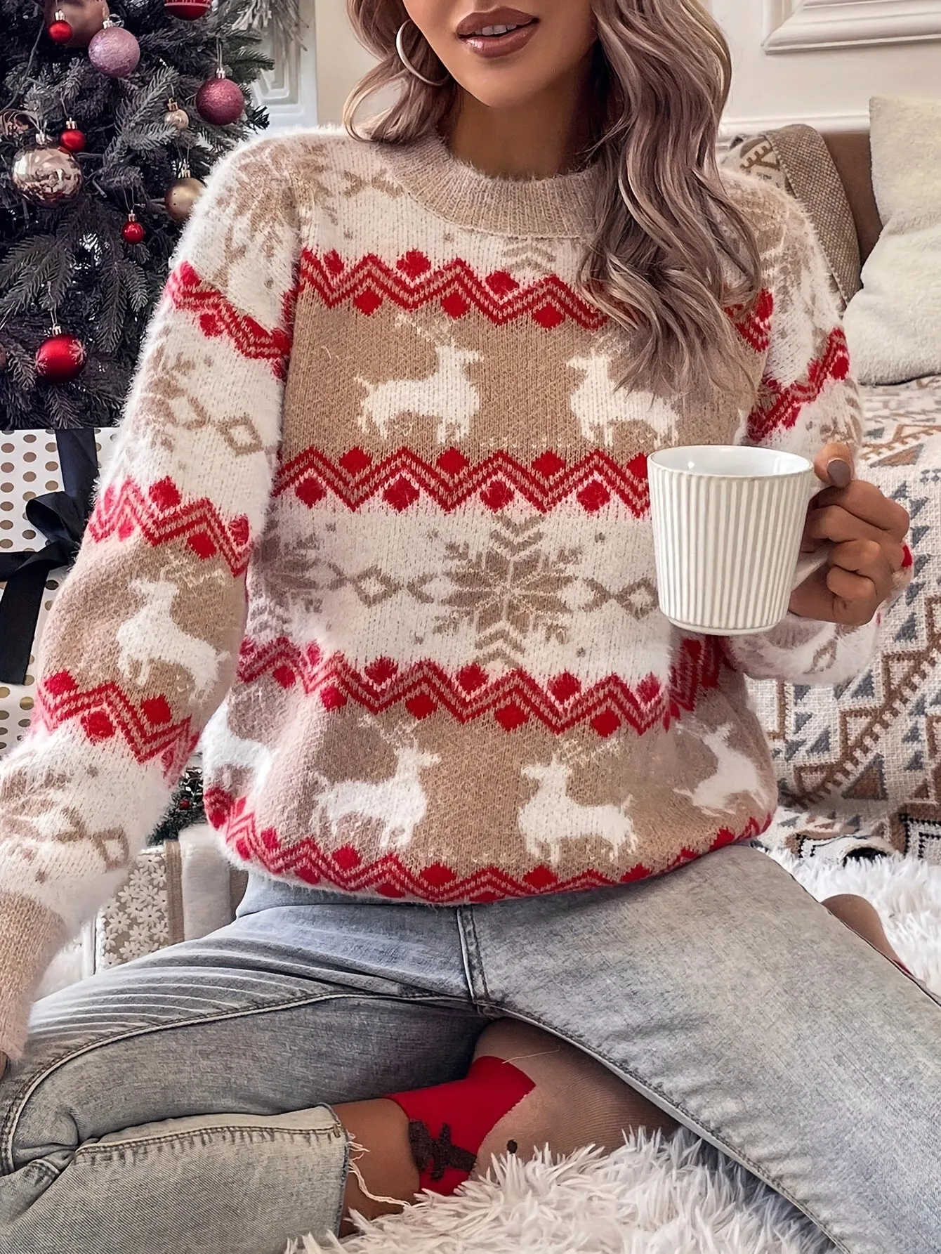 Christmas Pattern Crew Neck Sweater, Elegant Long Sleeve Sweater For Fall & Winter, Women's Clothing