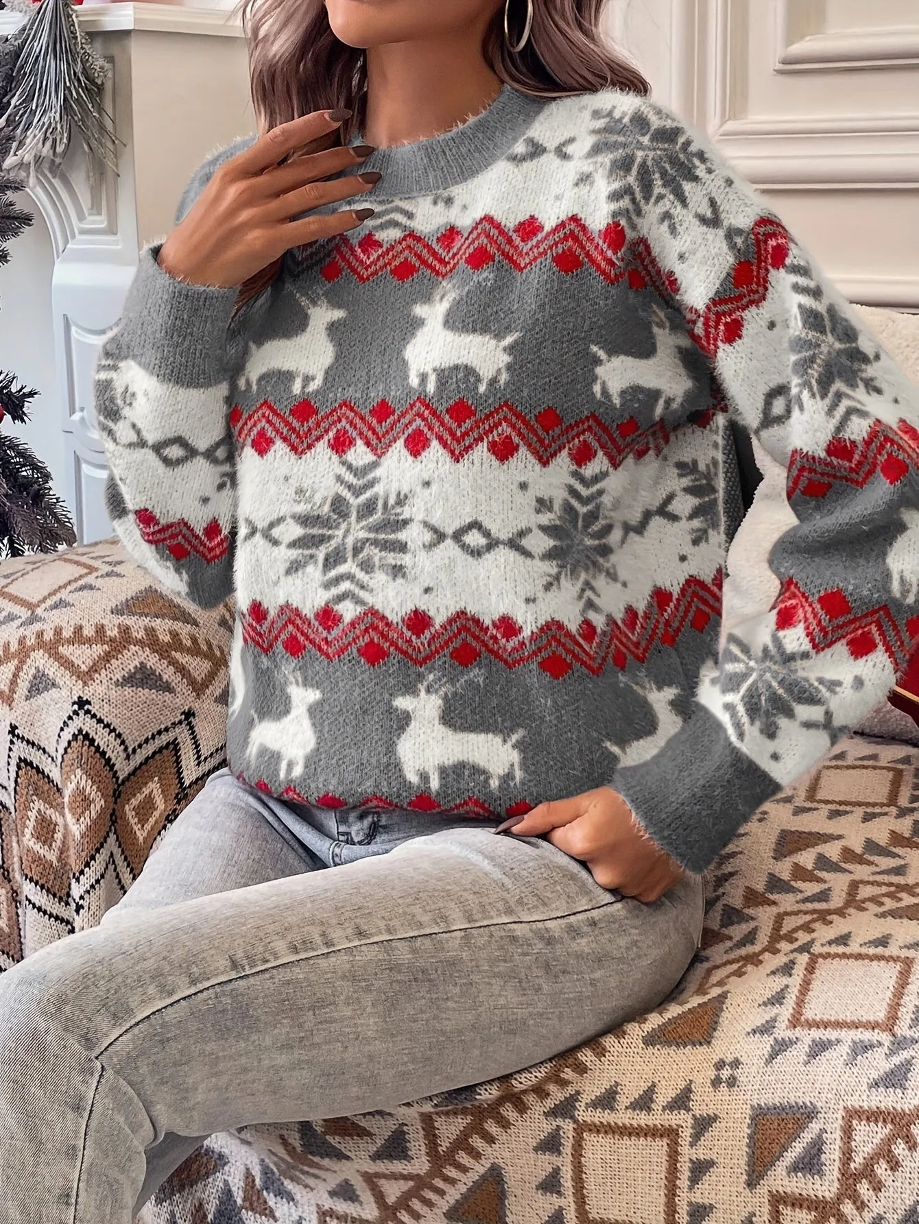 Christmas Pattern Crew Neck Sweater, Elegant Long Sleeve Sweater For Fall & Winter, Women's Clothing