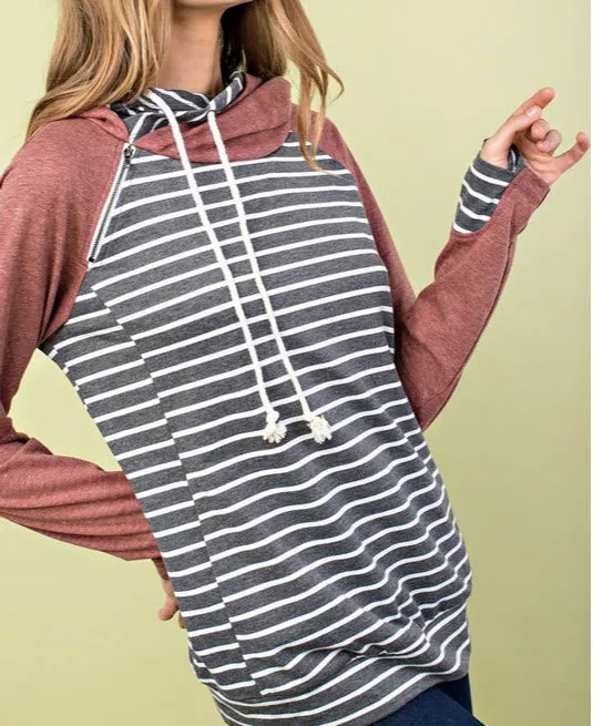 Colorblock Double Hood Hoodie Top