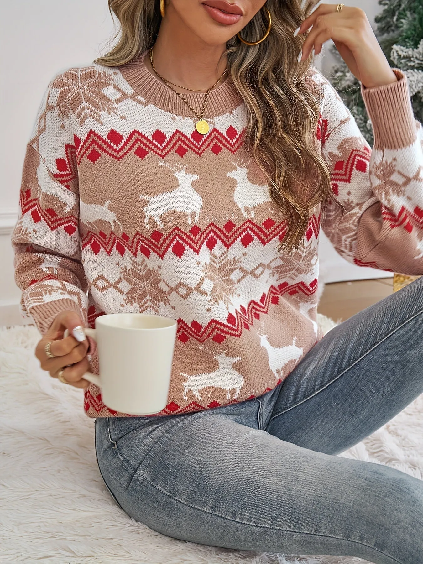 Cozy Deer Pattern Crew Neck Sweater - Women's Elegant Long Sleeve Pullovers for Fall & Winter - Soft, Warm, and Comfortable Clothing for Ladies