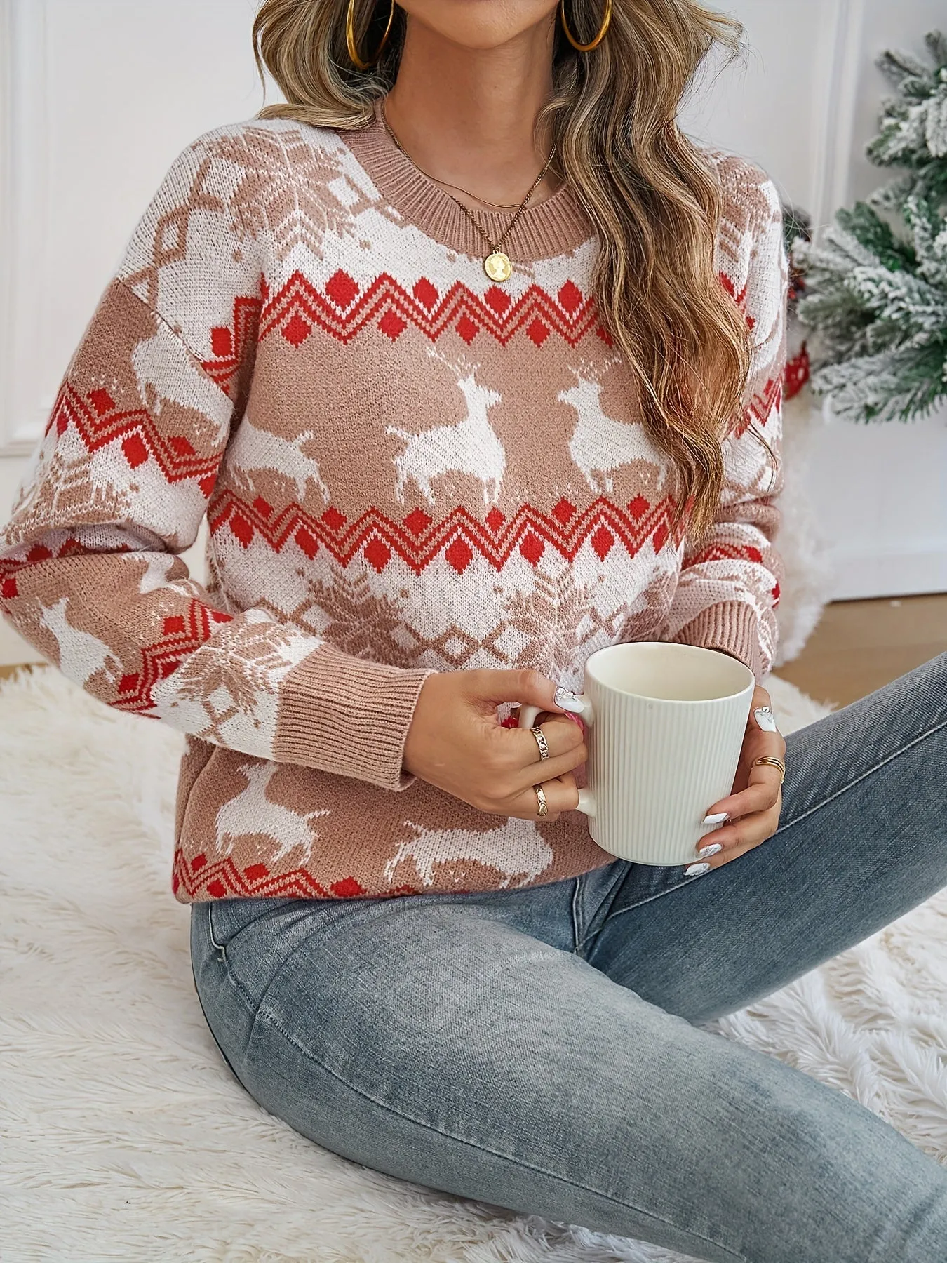 Cozy Deer Pattern Crew Neck Sweater - Women's Elegant Long Sleeve Pullovers for Fall & Winter - Soft, Warm, and Comfortable Clothing for Ladies