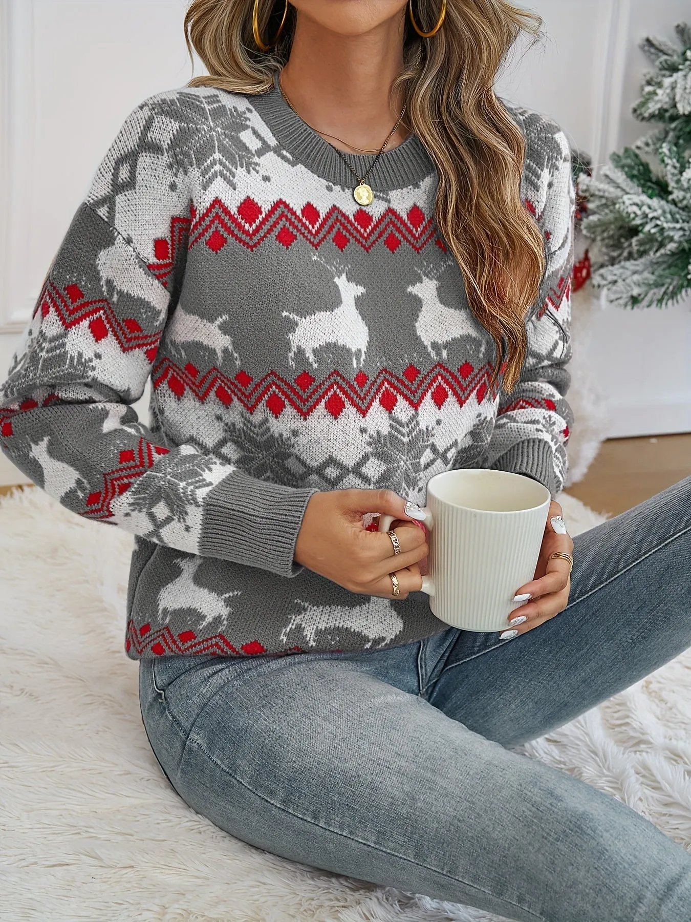 Cozy Deer Pattern Crew Neck Sweater - Women's Elegant Long Sleeve Pullovers for Fall & Winter - Soft, Warm, and Comfortable Clothing for Ladies