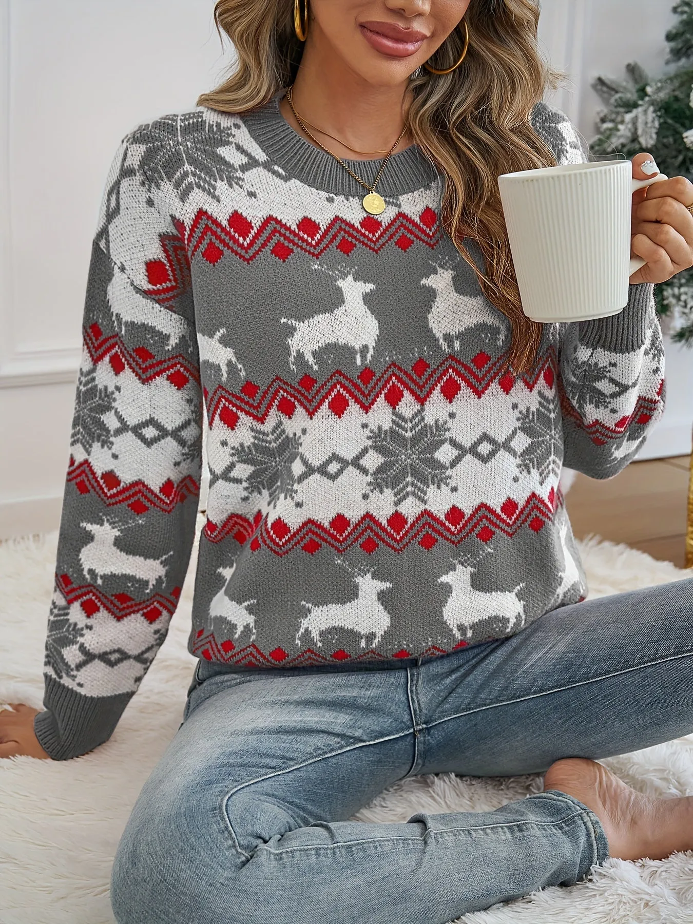 Cozy Deer Pattern Crew Neck Sweater - Women's Elegant Long Sleeve Pullovers for Fall & Winter - Soft, Warm, and Comfortable Clothing for Ladies