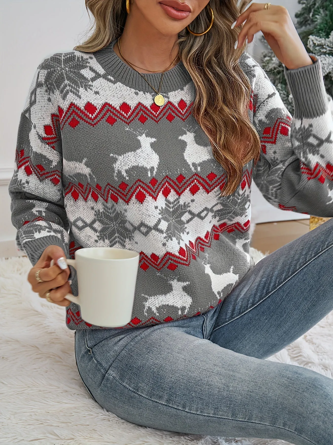 Cozy Deer Pattern Crew Neck Sweater - Women's Elegant Long Sleeve Pullovers for Fall & Winter - Soft, Warm, and Comfortable Clothing for Ladies