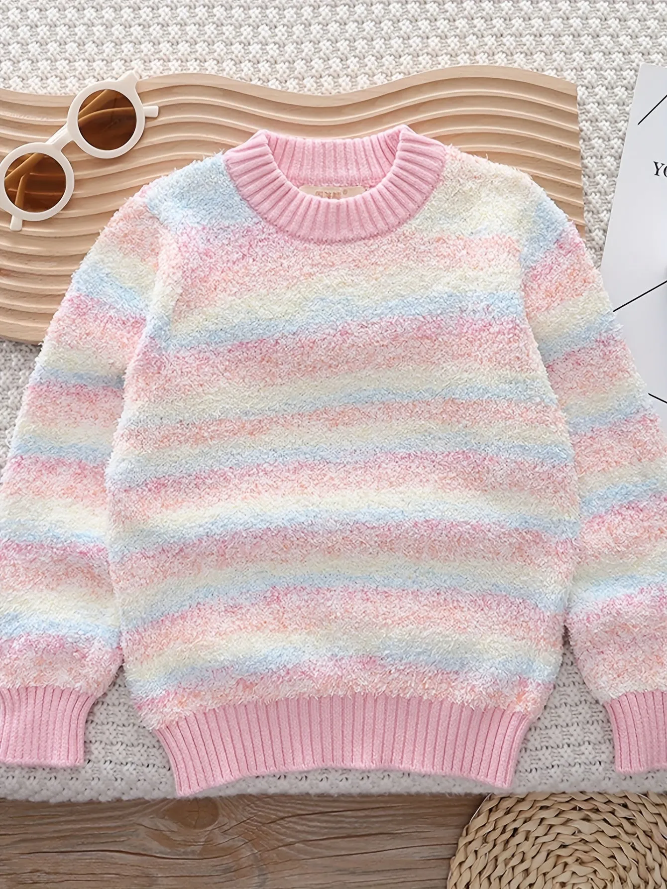 Cozy Girl's Striped Knit Sweater - Soft, Breathable, Contrast Crew Neck Pullover Jumper Top for Fall Winter - Stylish, Trendy, and Warm Girl's Clothing for Casual Daily Wear