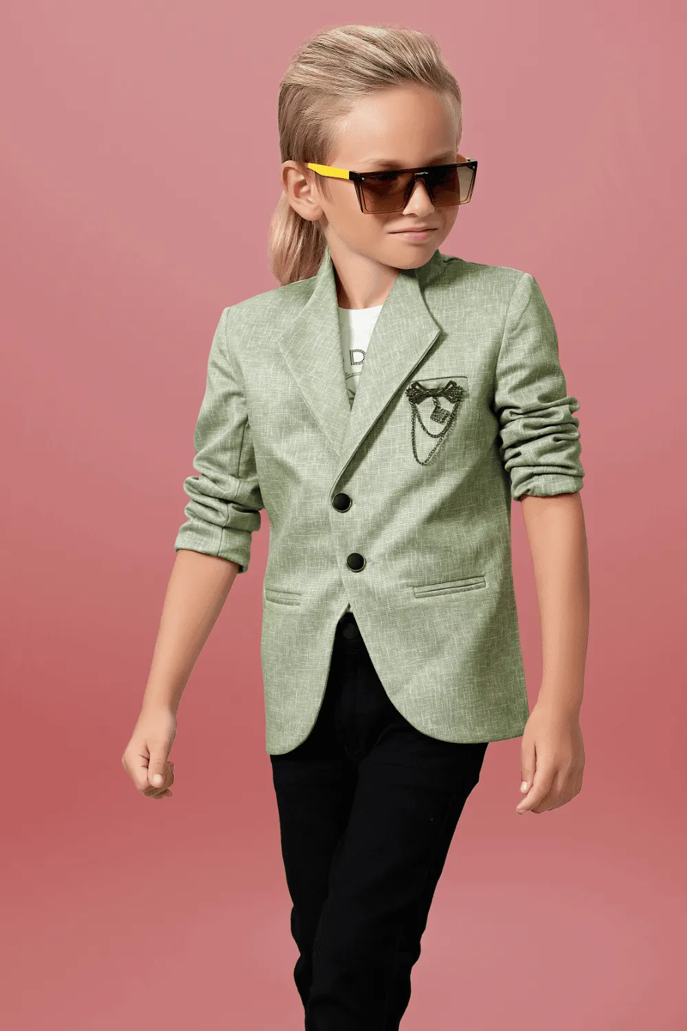 Cream and Black with Pista Green Waist Coat and Set for Boys with Belt