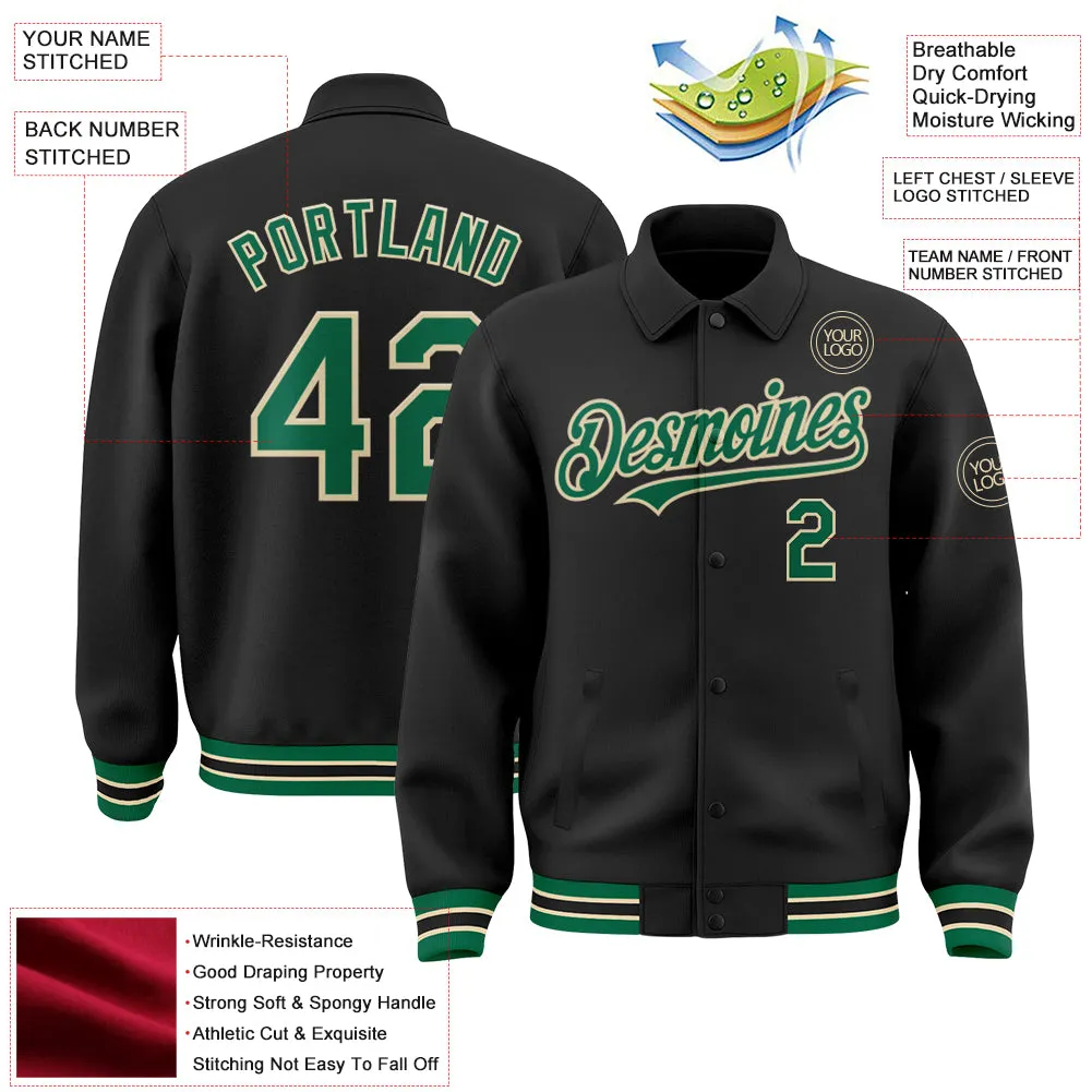 Custom Black Kelly Green-Cream Bomber Full-Snap Varsity Letterman Lapel Collar Byron Jacket