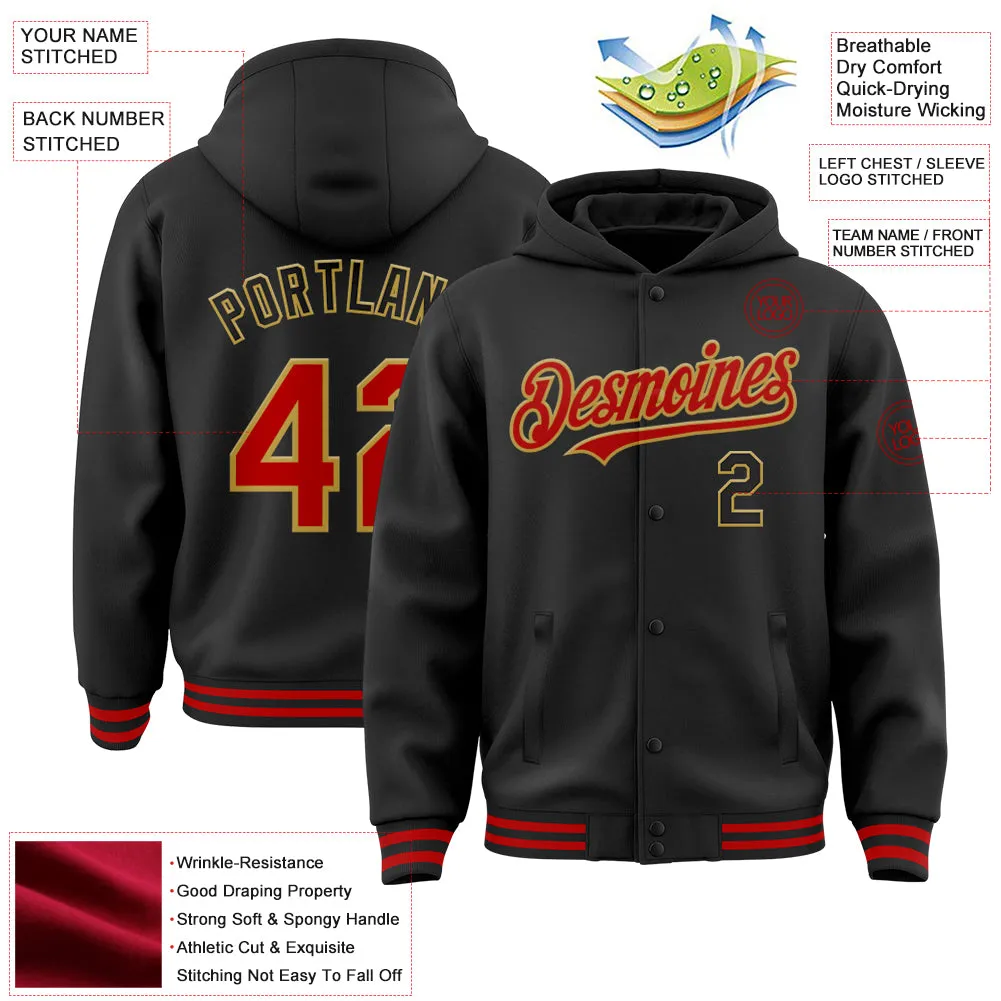 Custom Black Red-Old Gold Bomber Full-Snap Varsity Letterman Hoodie Jacket