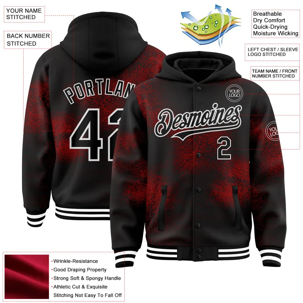 Custom Black Red-White Abstract Network 3D Pattern Design Bomber Full-Snap Varsity Letterman Hoodie Jacket