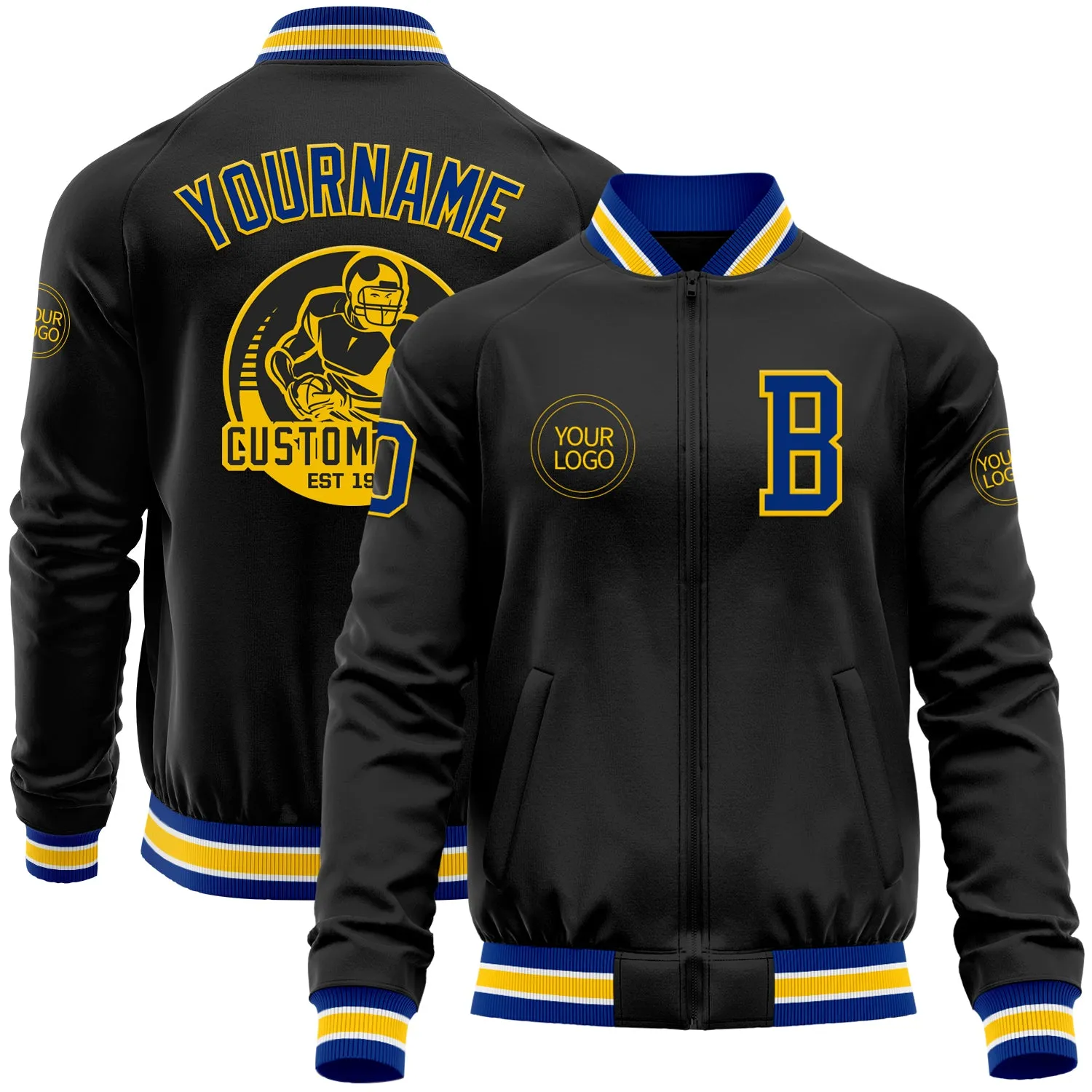 Custom Black Royal-Yellow Bomber Varsity Letterman Zipper Jacket