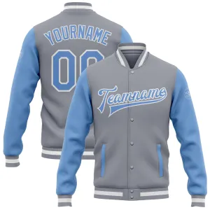 Custom Gray Light Blue-White Bomber Full-Snap Varsity Letterman Two Tone Jacket