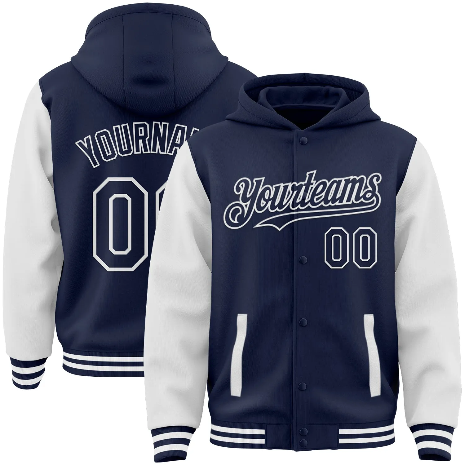 Custom Navy White Bomber Full-Snap Varsity Letterman Two Tone Hoodie Jacket