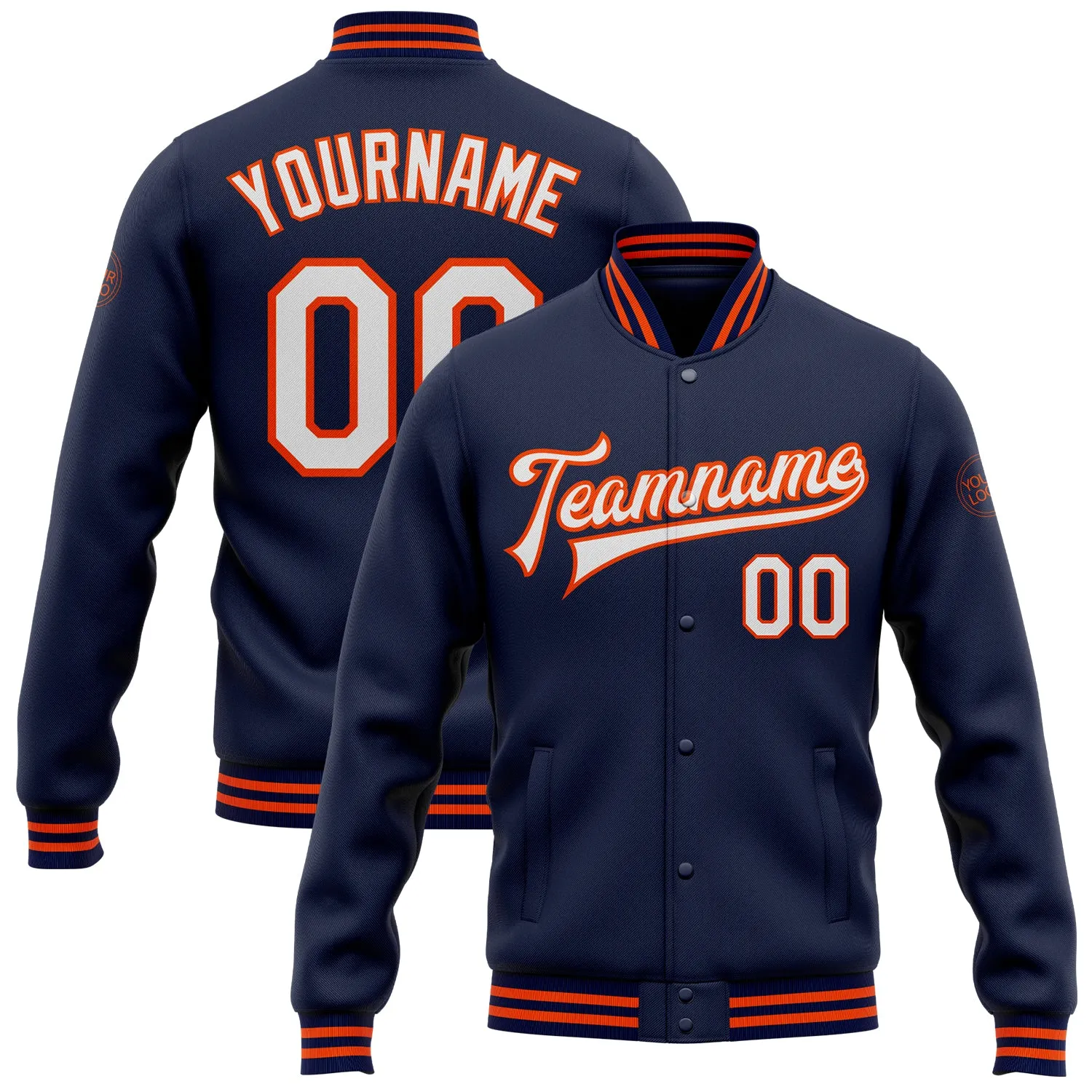 Custom Navy White-Orange Bomber Full-Snap Varsity Letterman Jacket