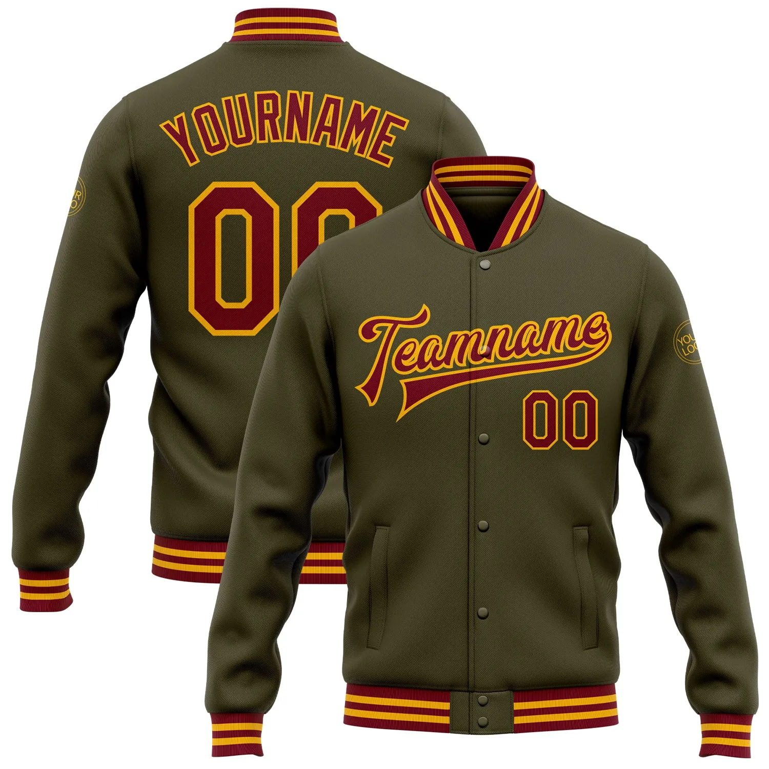 Custom Olive Crimson-Gold Bomber Full-Snap Varsity Letterman Salute To Service Jacket