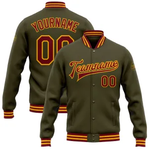 Custom Olive Crimson-Gold Bomber Full-Snap Varsity Letterman Salute To Service Jacket