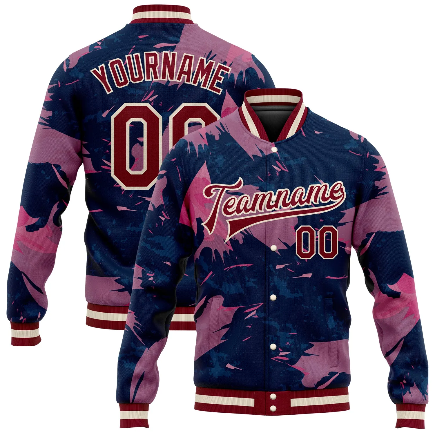 Custom Pink Maroon Cream-Navy 3D Pattern Design Bomber Full-Snap Varsity Letterman Jacket