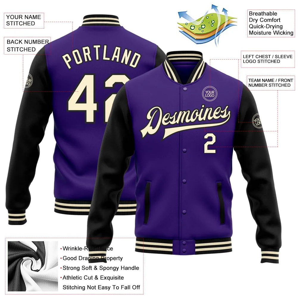 Custom Purple Cream-Black Bomber Full-Snap Varsity Letterman Two Tone Jacket