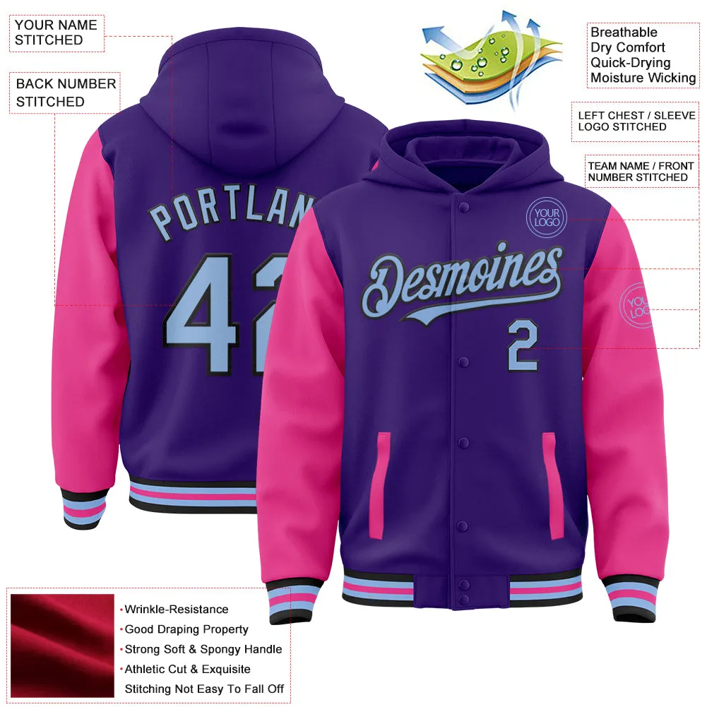 Custom Purple Light Blue Pink-Black Bomber Full-Snap Varsity Letterman Two Tone Hoodie Jacket