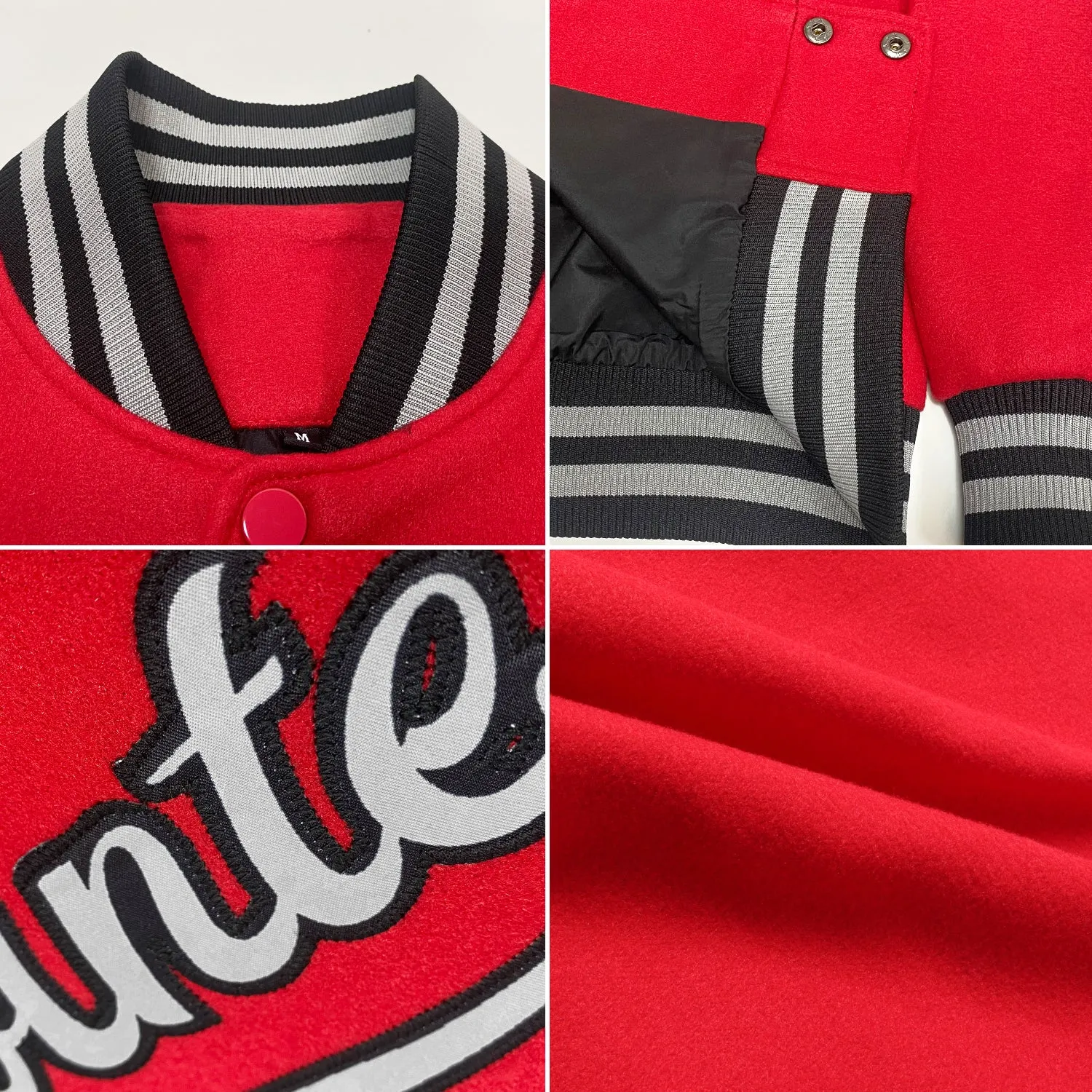 Custom Red Gray-Black Bomber Full-Snap Varsity Letterman Jacket