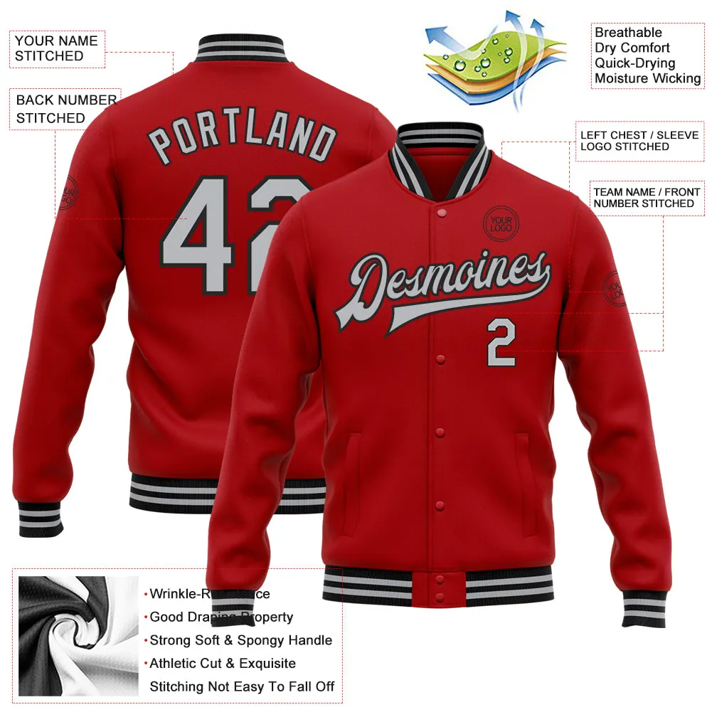 Custom Red Gray-Black Bomber Full-Snap Varsity Letterman Jacket