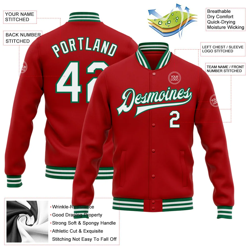 Custom Red White-Kelly Green Bomber Full-Snap Varsity Letterman Jacket