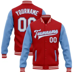 Custom Red White-Light Blue Bomber Full-Snap Varsity Letterman Two Tone Jacket