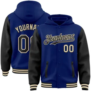 Custom Royal Black-Cream Bomber Full-Snap Varsity Letterman Two Tone Hoodie Jacket