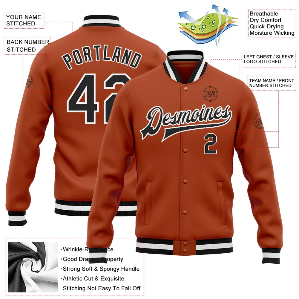 Custom Texas Orange Black-White Bomber Full-Snap Varsity Letterman Jacket