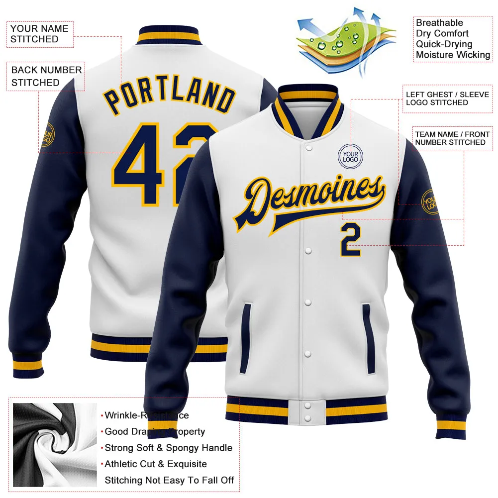 Custom White Navy-Gold Bomber Full-Snap Varsity Letterman Two Tone Jacket