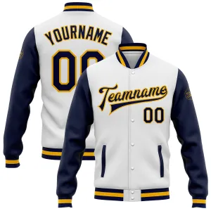 Custom White Navy-Gold Bomber Full-Snap Varsity Letterman Two Tone Jacket