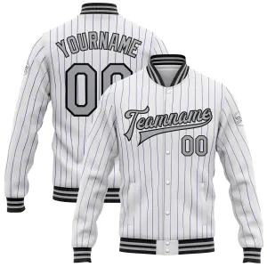 Custom White Purple Pinstripe Gray-Black Bomber Full-Snap Varsity Letterman Jacket