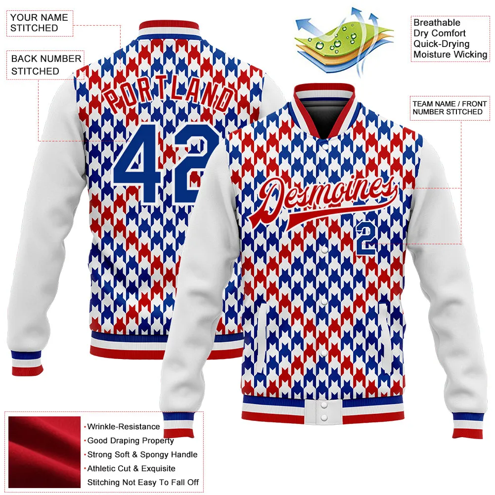 Custom White Royal-Red Check Board 3D Pattern Design Bomber Full-Snap Varsity Letterman Jacket