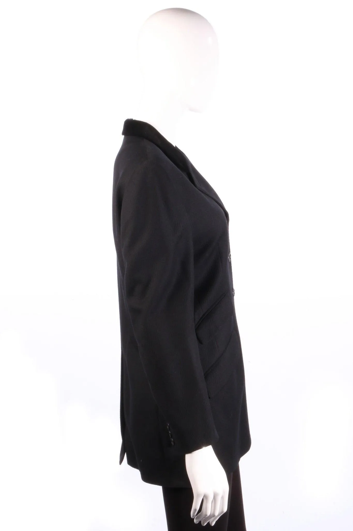 DAKS Long Single Breasted Blazer Wool with Velvet Collar Black UK Size 10