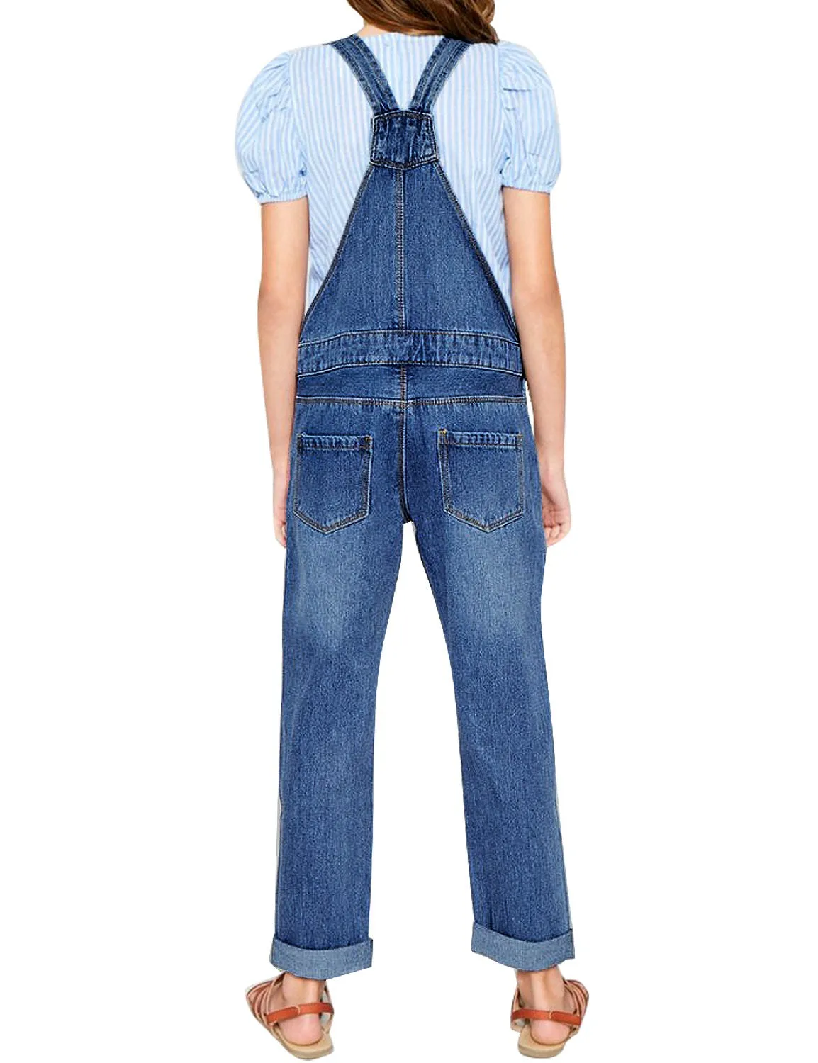 Dark Blue Cuffed Hem Distressed Girls' Denim Jeans Overall