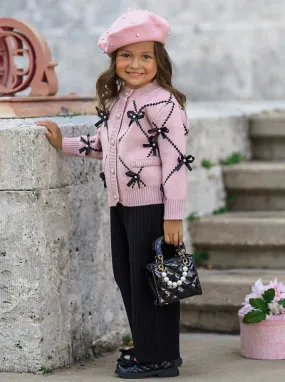 Darling Fashionista Bow-Embellished Pink Sweater and Pants Set