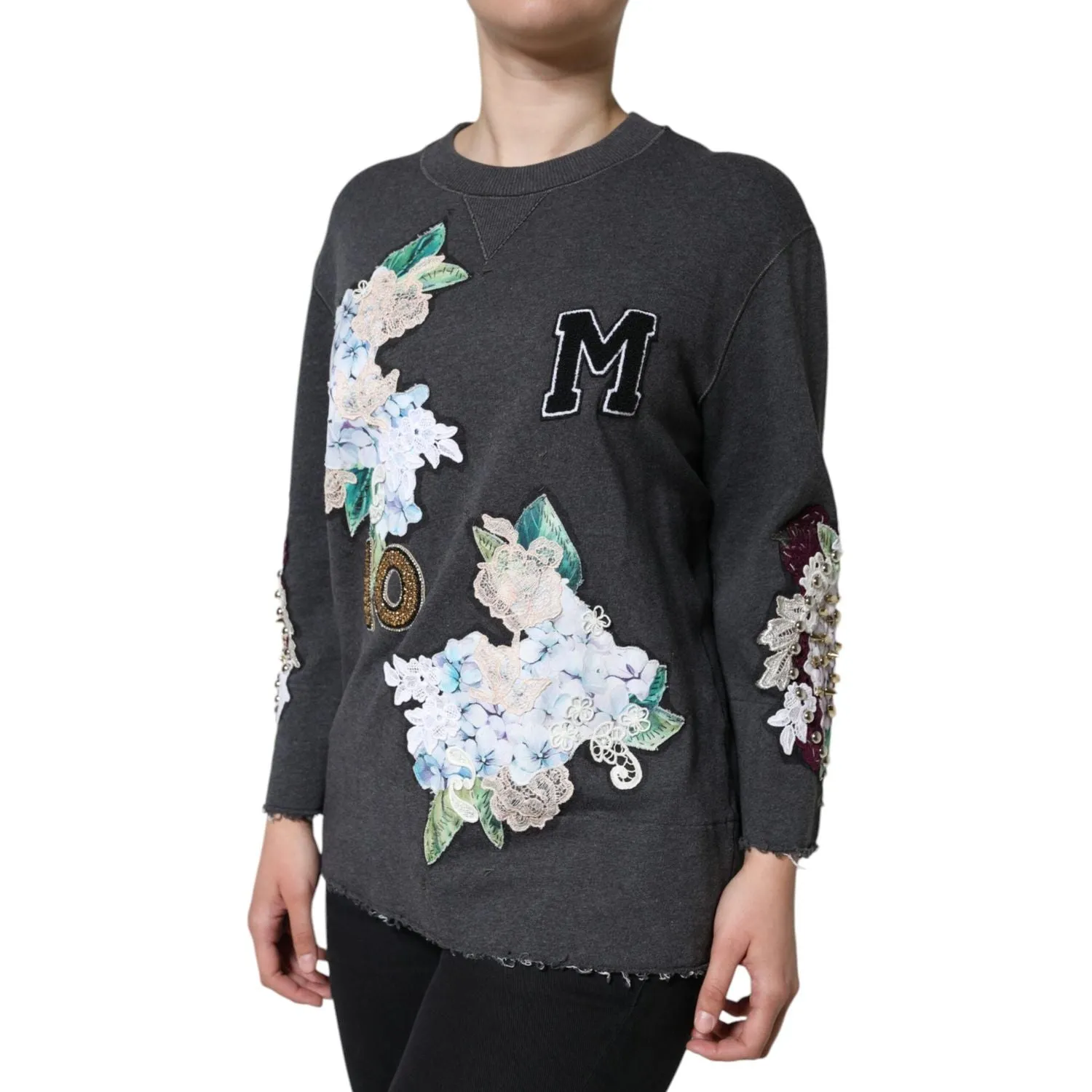 Dolce & Gabbana Gray Hydrangea CollegeStudded Floral Sweater