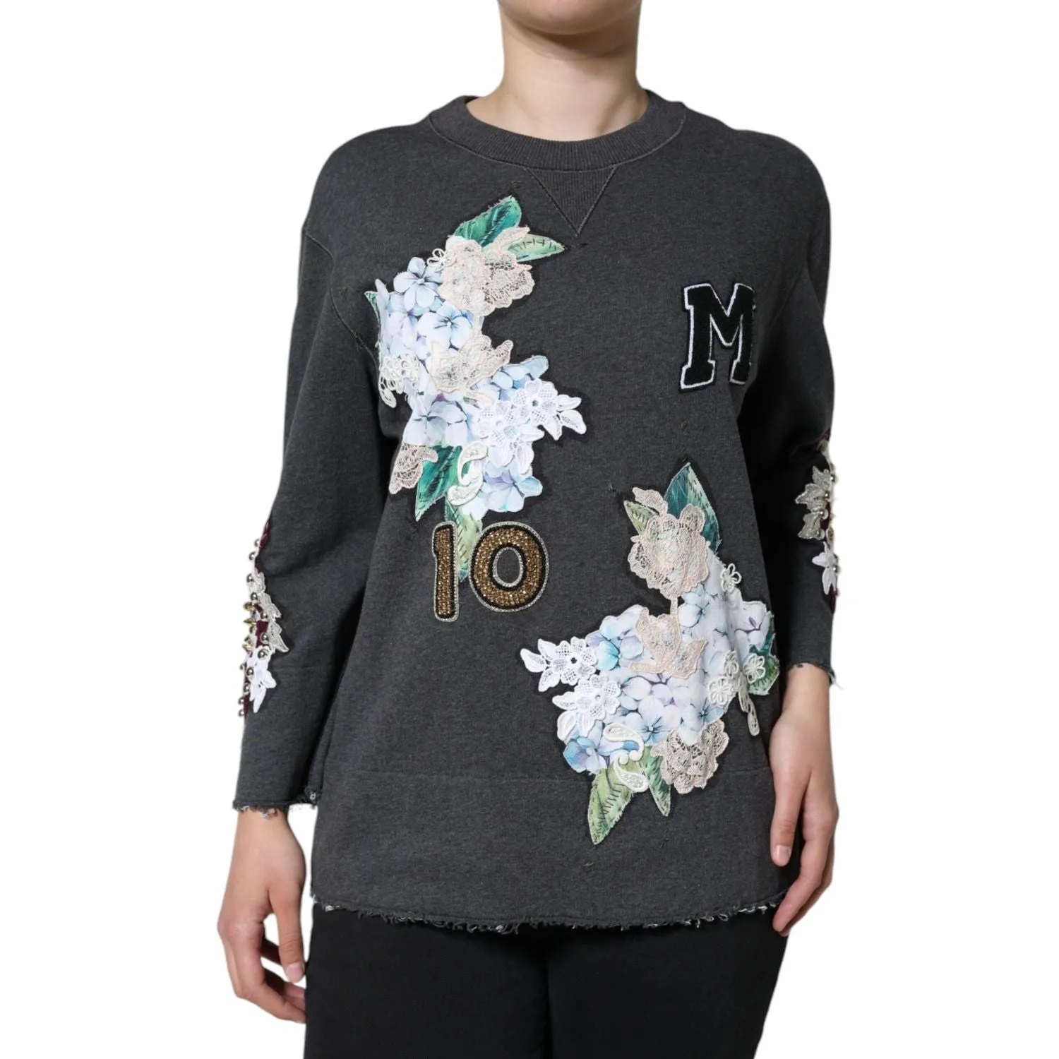 Dolce & Gabbana Gray Hydrangea CollegeStudded Floral Sweater