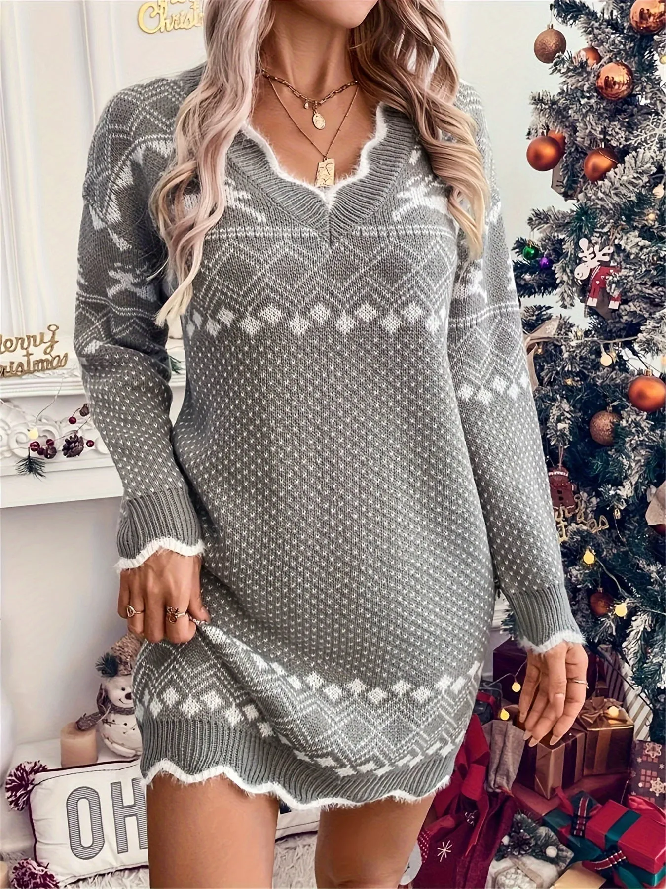 Elegant Christmas-Themed V-Neck Sweater Dress for Women - Long Sleeve, Color Block Design, Acrylic Knit, for Christmas, Autumn, Spring