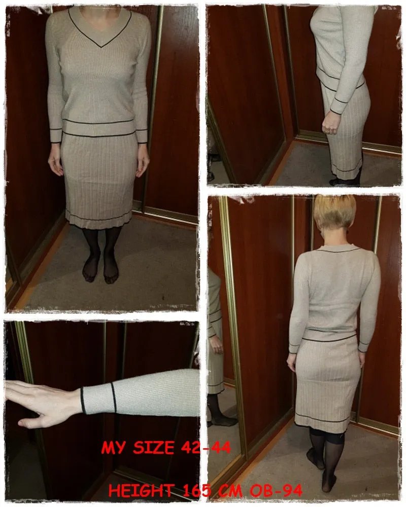 Elegant Two Piece Knitted V-neck Pleated Sweater Loose Office Dress