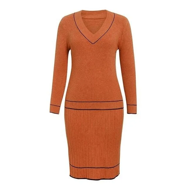 Elegant Two Piece Knitted V-neck Pleated Sweater Loose Office Dress