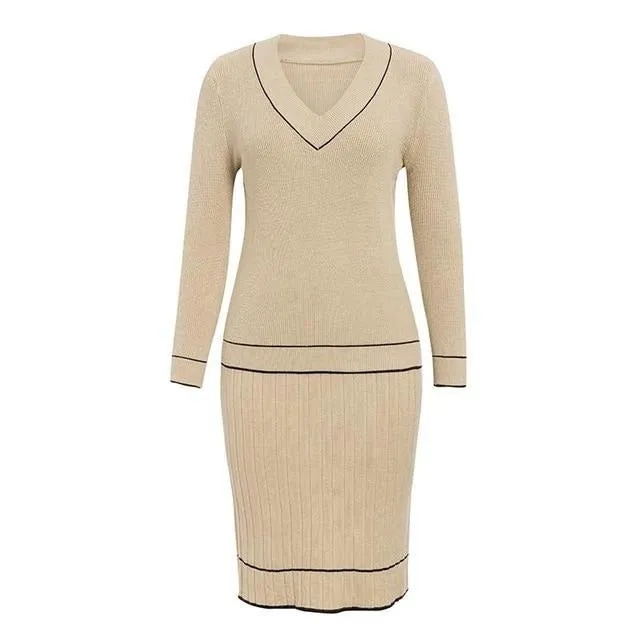 Elegant Two Piece Knitted V-neck Pleated Sweater Loose Office Dress